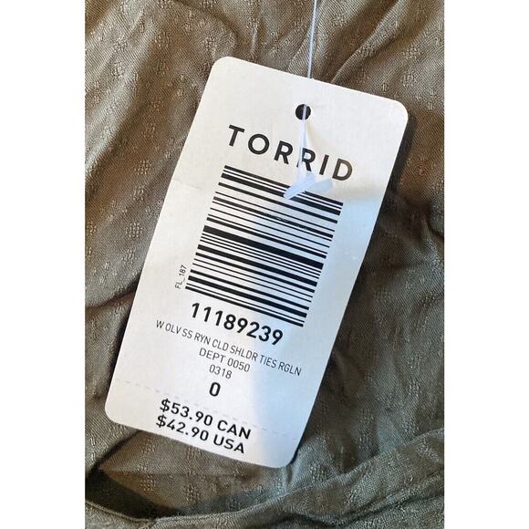 NWT $42.90 Torrid Open Shoulder Top Size 0 Women’s Olive - Picture 4 of 8